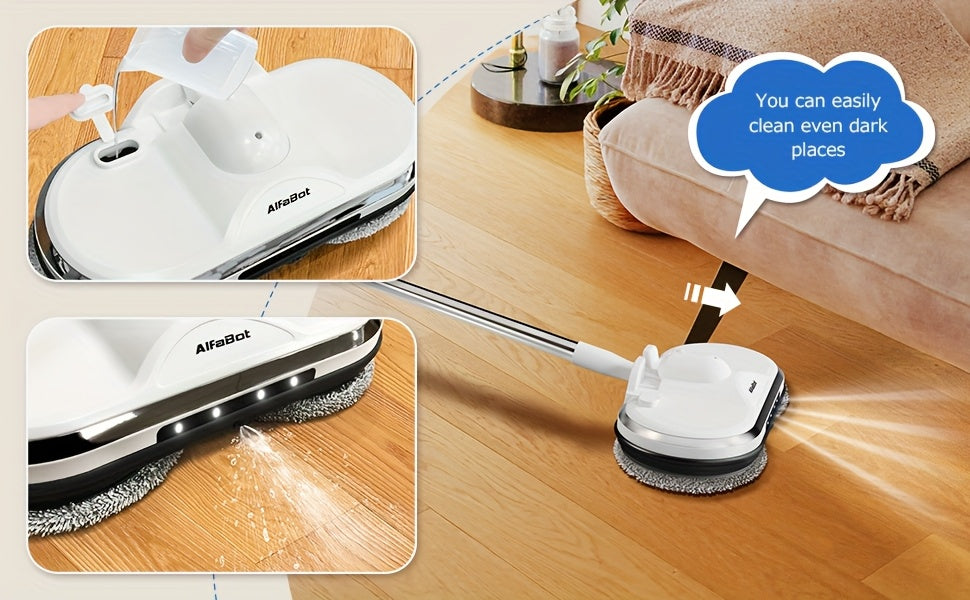 Cordless Electric Spin Mop with LED Headlight & Water Sprayer - Dual Motor 150RPM, 180ml Tank, Rechargeable Floor Scrubber for Hardwood, Tile & Marble | Lightweight for Elderly