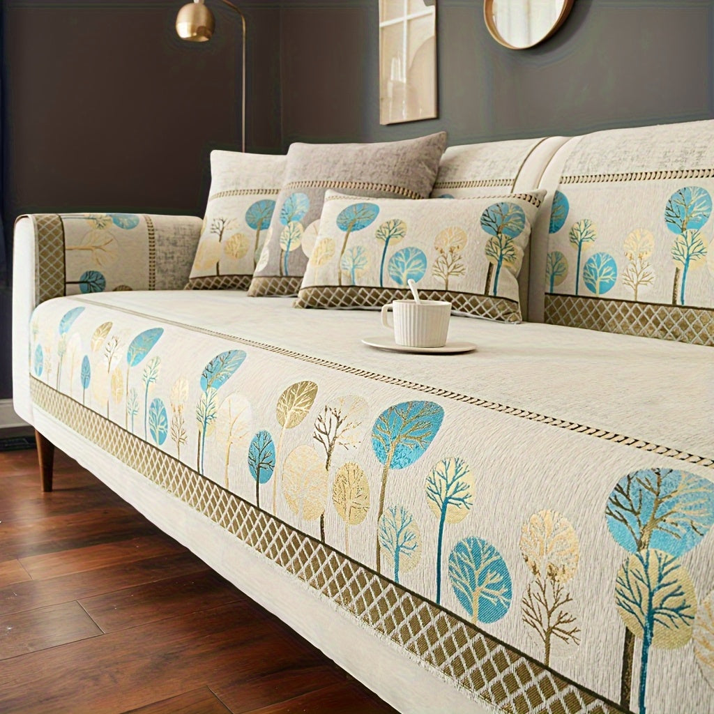 Bohemian Embroidered Sofa Cushion Cover Geometric Tree Leaf Design Pet Friendly Elegant Blue Gold for Living Room Bedroom Office All Sofa Sizes