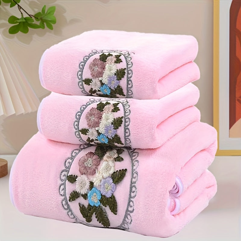 Embroidered Flower Towel Set 3 Piece – Soft Absorbent Bath Towel & 2 Face Towels – Skin-Friendly Polyester Blend, Home & Beach Use, White, Blue, Pink, Gray