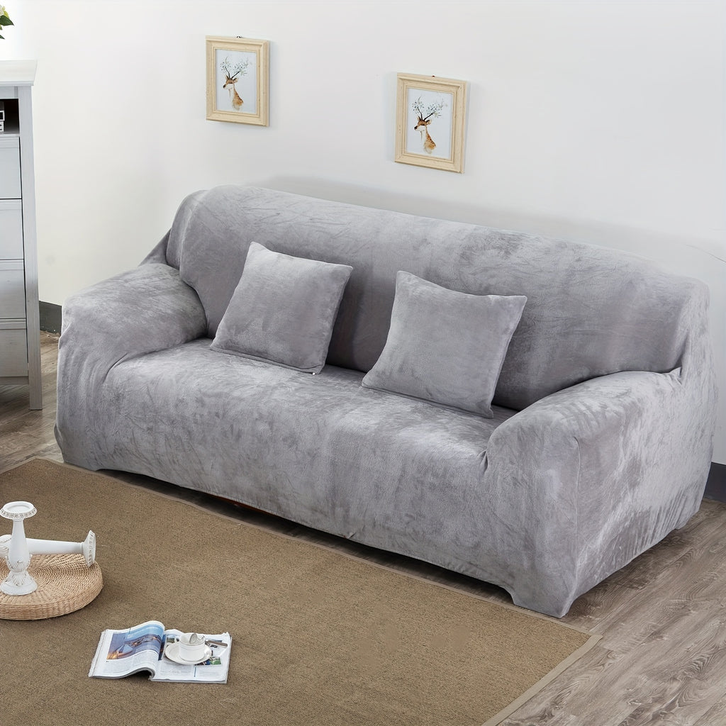 Plush Sofa Slipcover Stretch Thick Couch Cover - Soft Velvet Furniture Protector for Chair Loveseat 3 4 Seater, Anti-Slip Elastic Wrap, Machine Washable, 6 Colors for Living Room