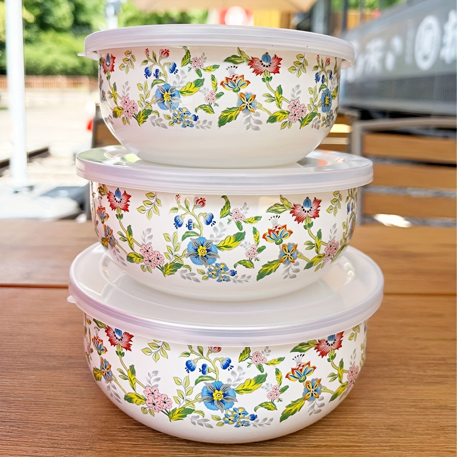 3-Piece Enamel Sealed Container Set with Lids – Fresh-Keeping Food Storage Bowls for Fruit, Vegetables, Soup & Salad | Lunch Box, School & Home | Rose & Floral Styles