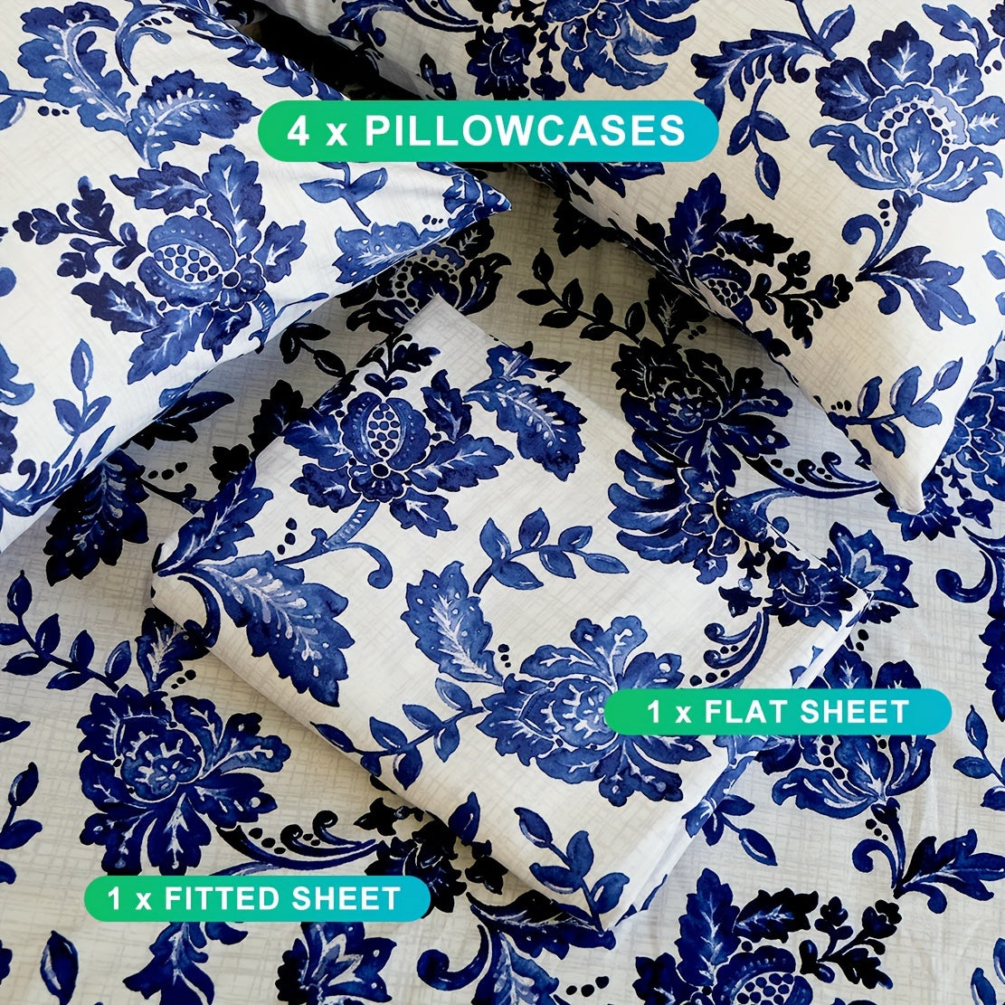 Floral Sheet Set – 4-Piece Soft Fitted & Flat Sheets with Pillowcases, Wrinkle-Resistant Bedding