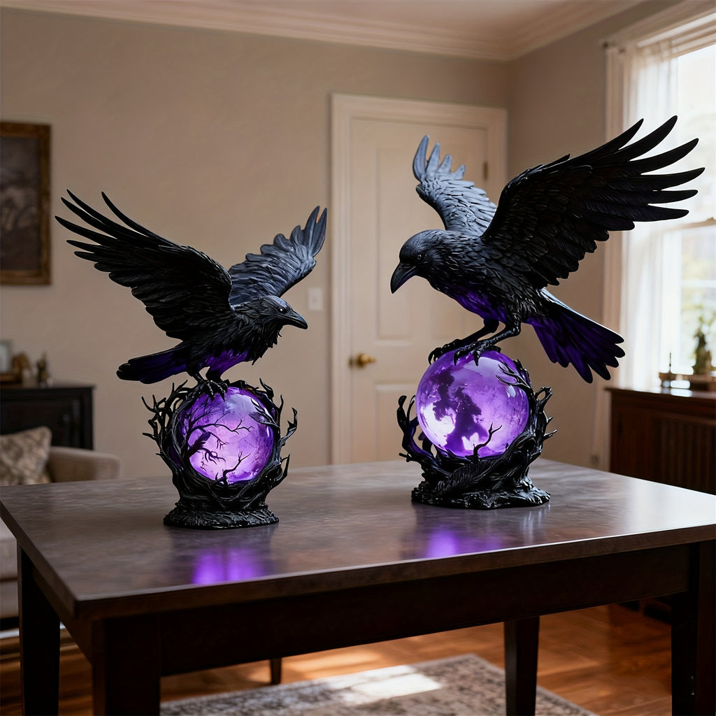Raven Moonlight Gothic Statue Lamp – Mysterious Raven on a Glowing Sphere, Fantasy Home Decor Light for Bedroom, Study Room & Office – Unique Gift for Gothic Collectors