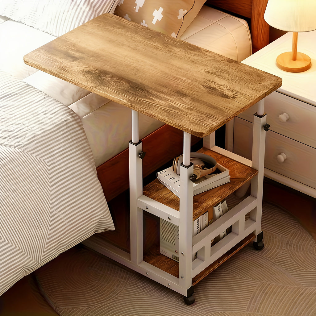Rolling Over-Bed Table with 2-Layer Storage Rack | Mobile Bedside & Sofa Laptop Table, Solid Metal Frame, Smooth Wheels, Space-Saving Design – Multiple Colors