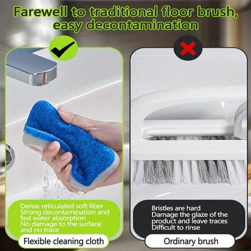 2-in-1 Bath Scrubber & Squeegee 16-Piece Cleaning Brush System with 22" Handle – 90° Rotating Head, Replaceable Sponge, Nylon Bristles for Bathroom, Kitchen, Patio & Outdoor Surfaces