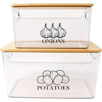 Stackable Potato & Onion Storage Container 2 Set Clear PE Bins with Bamboo Flip-Top Lid - Pantry Kitchen Counter Organizer for Vegetables