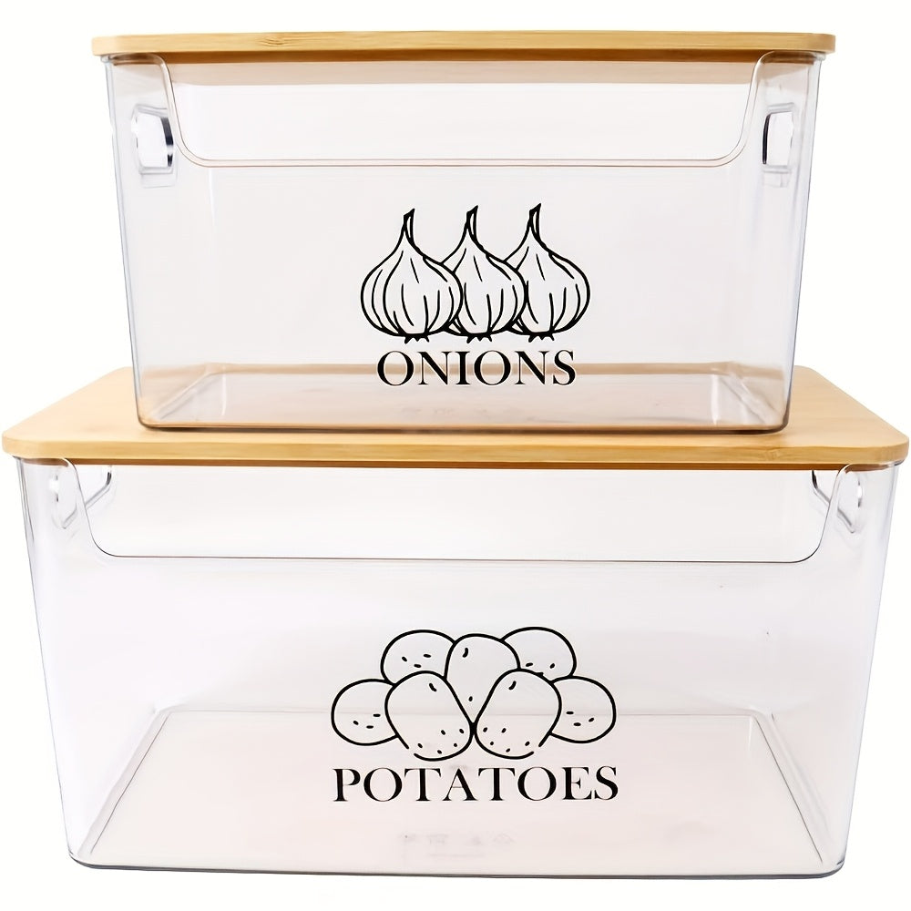 Stackable Potato & Onion Storage Container 2 Set Clear PE Bins with Bamboo Flip-Top Lid - Pantry Kitchen Counter Organizer for Vegetables