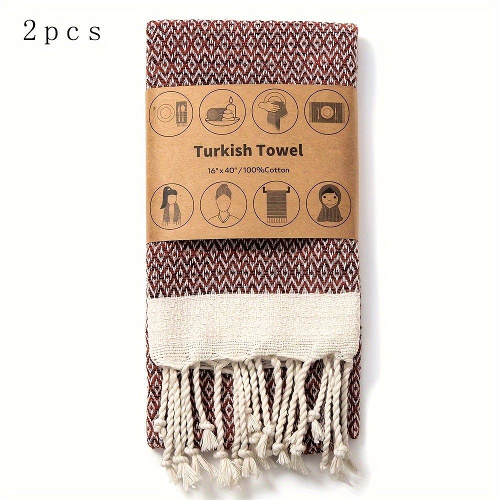 Turkish Cotton Tassel Hand Towels 2-Pack – Diamond Lattice Scandinavian Design, Soft Decorative Towels for Bathroom, Kitchen & Yoga | 7 Colors