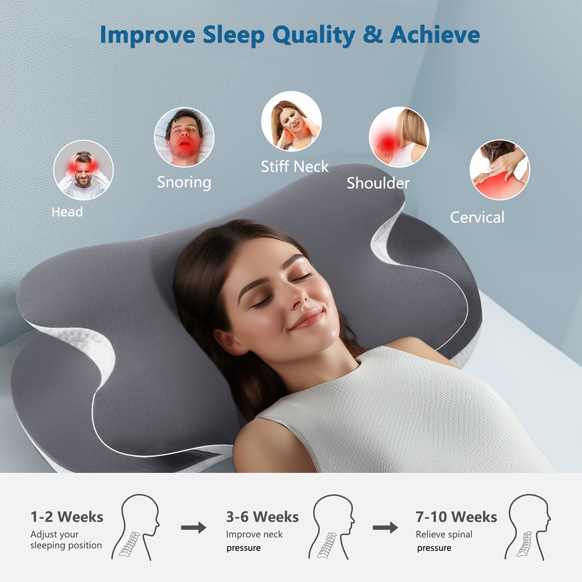 Ergonomic Cervical Memory Foam Pillow – Contour Support with Cooling Silk Cover | White & Gray