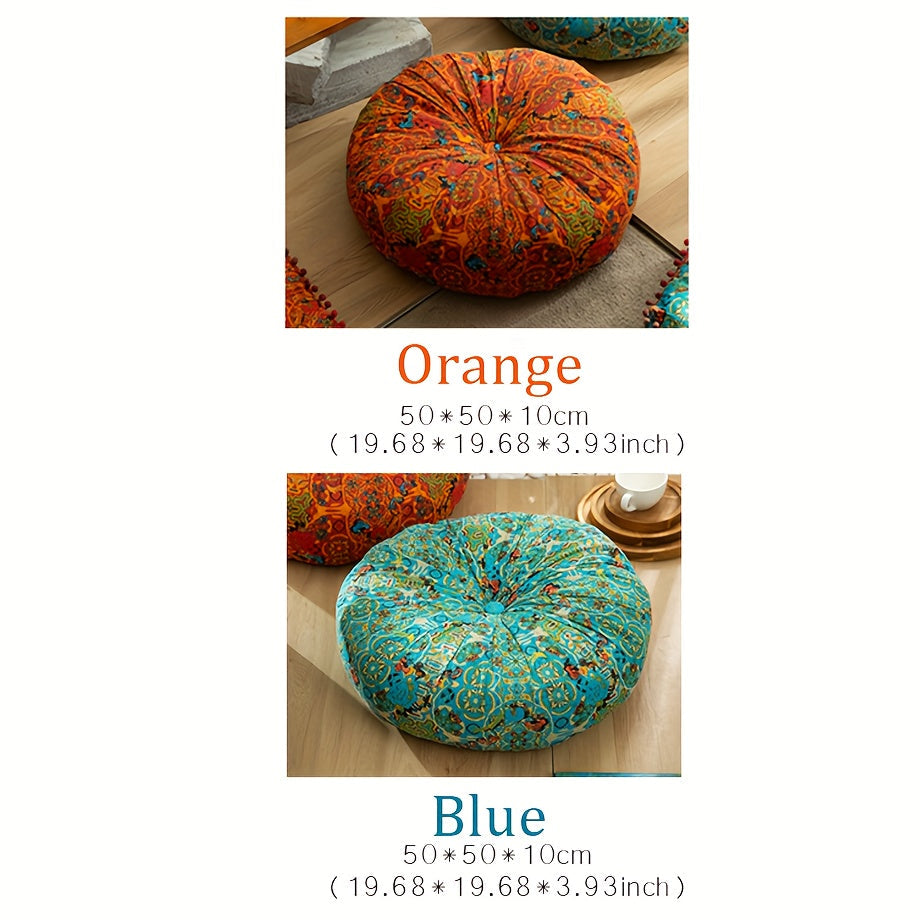 Round Bohemian Floor Cushion Pumpkin Tatami Seat Pad | Large Thickened Vintage Throw Pillow for Bedroom Chair Meditation, Orange Blue