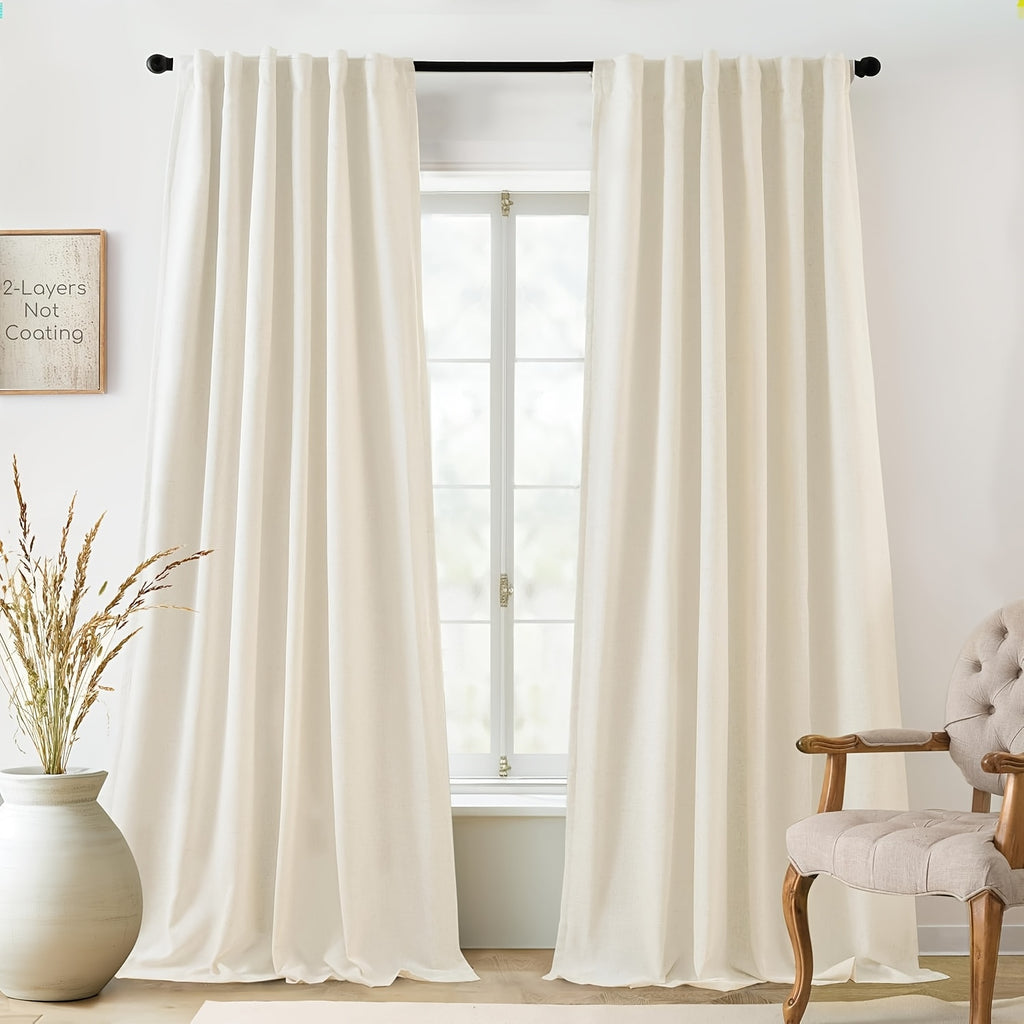 Linen Blackout Curtains 2 Panels – 100% Light Blocking Farmhouse Thermal Insulated Drapes, Rod Pocket Back Tab Ring Clips, Machine Washable, Living Room Bedroom, 9 Colors Multiple Sizes
