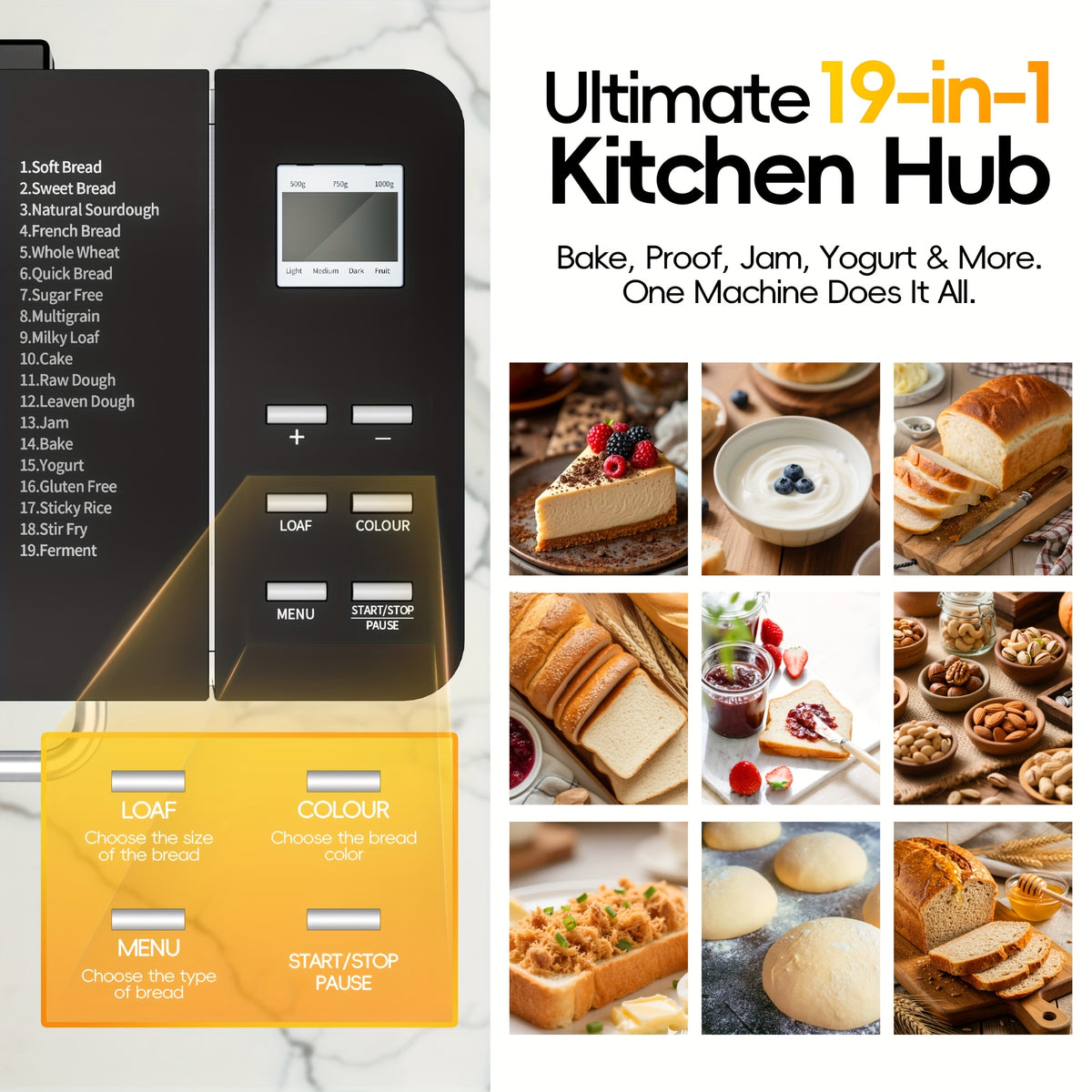 Bread Maker Machine 19-in-1 with Auto Nut & Fruit Dispenser, Ceramic Non-Stick Pan, Clear Viewing Window, 15-Hour Timer – Up to 2 LB Loaf