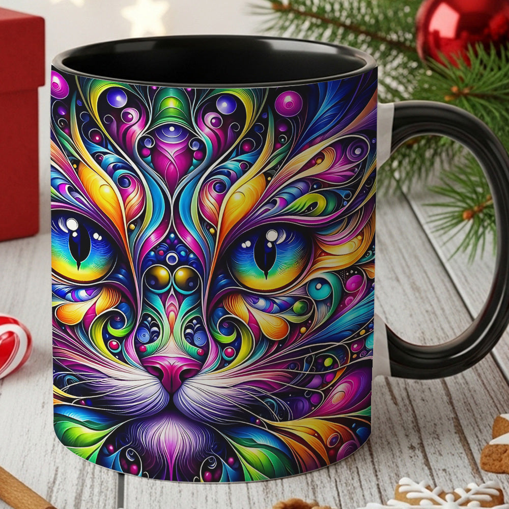 Psychedelic Cat Coffee Mug 11oz - Colorful Cute Cat Design Cup for Cat Lovers, Home & Office Use, Birthday & Holiday Gift