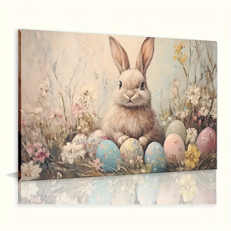 Easter Bunny Canvas Wall Art – Vintage Framed Oil Painting Print, Charming Bunny Rabbit Decor for Living Room Bedroom, Unique Easter Gift for Home