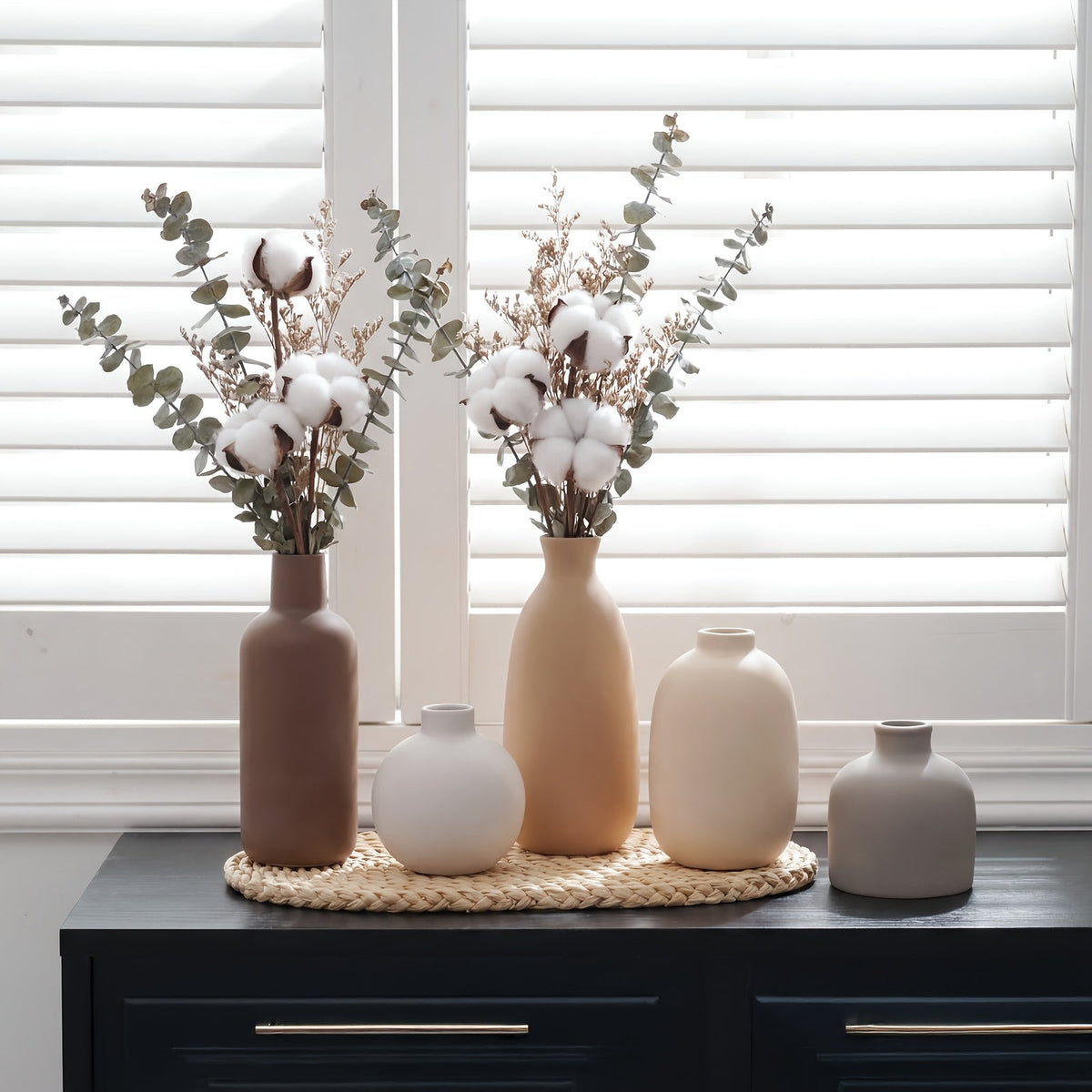 Set of 5 Ceramic Vases for Home Decor – Rustic Farmhouse Pottery, Vintage Decorative Vase Set for Living Room, Coffee Table, Office, Dining Area & Fireplace Mantel