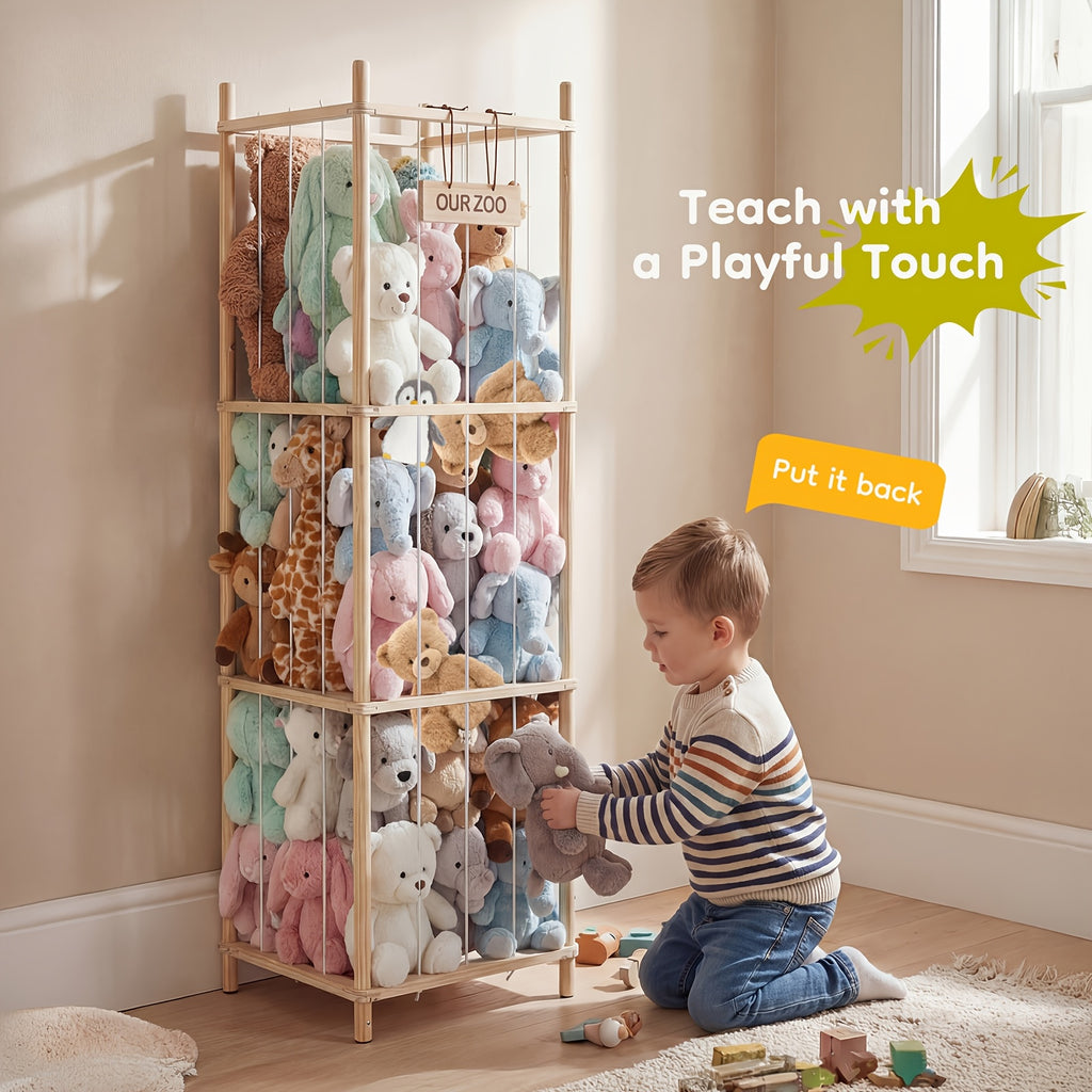 Wooden Stuffed Animal Storage Organizer for Kids, Large Plush Toy Zoo Holder, Space-Saving Corner Rack for Playroom, Bedroom, Nursery & Kids Room, Natural Wood Finish