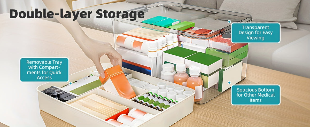 Large Capacity Pill Organizer Box with Easy-Grip Handles – Multi-Layer Plastic Medicine Storage Container for Home, Travel & Office, Secure Space-Saving Household Sundries Organizer