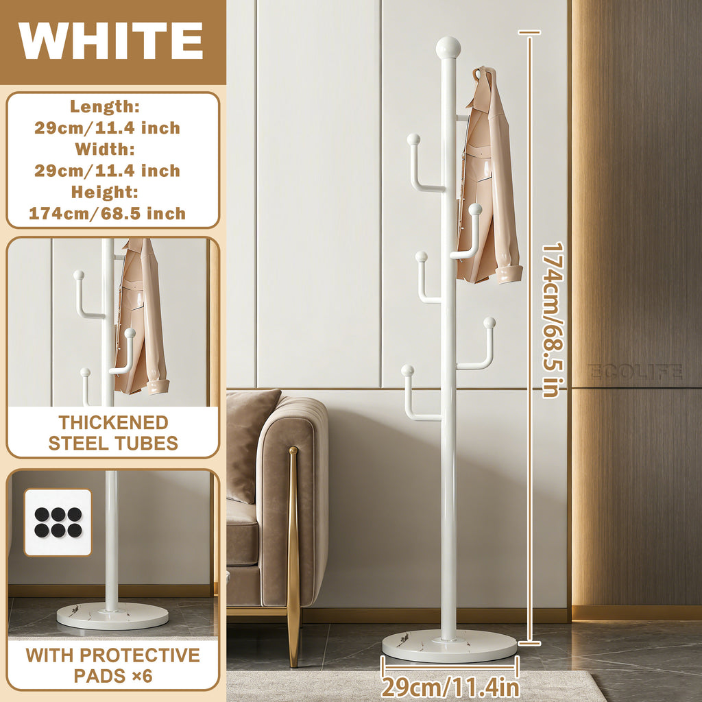Rotating Coat Rack with Storage Basket and 6 Hooks 4 Wheels Freestanding Entryway Organizer for Coats Hats Bags