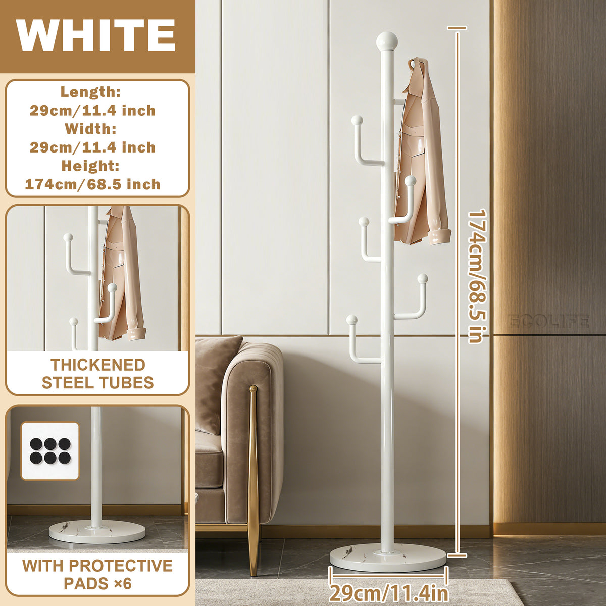 Rotating Coat Rack with Storage Basket and 6 Hooks 4 Wheels Freestanding Entryway Organizer for Coats Hats Bags