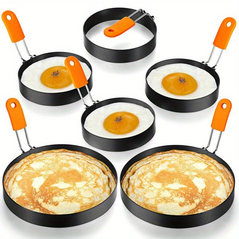 Egg Rings Set 6pcs Nonstick Stainless Steel with Silicone Handle – 4-Inch & 6-Inch Round Pancake Molds for Fried Eggs, Omelets & Breakfast Sandwiches