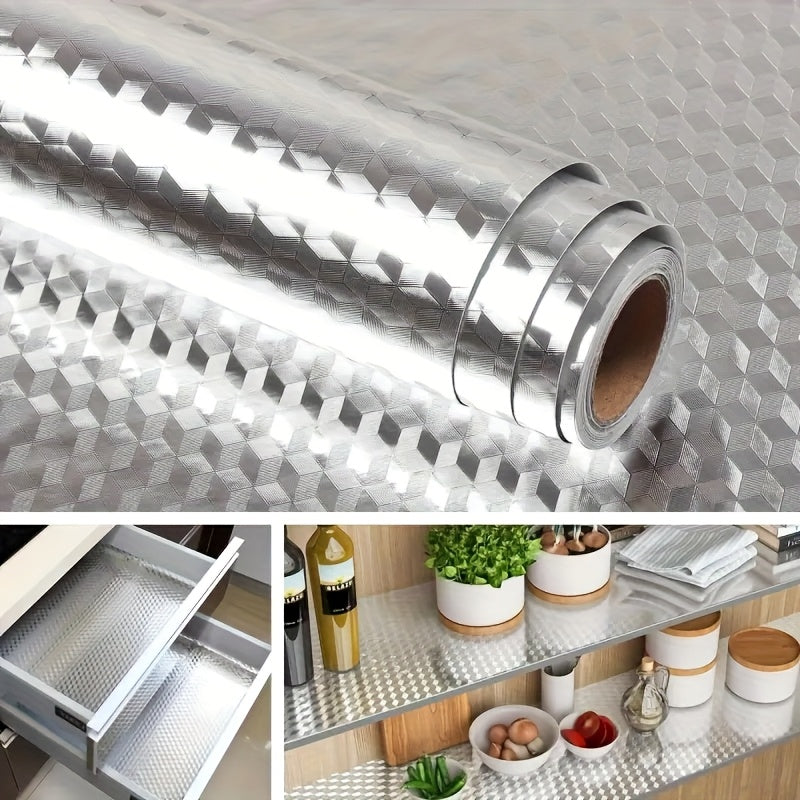 Aluminum Kitchen Sticker Liner 2 Rolls - Waterproof Oilproof Heat Resistant to 450F, Rhinestone Grid Self-Adhesive Foil for Stovetop Oven Cabinet Drawer Countertop, 23.6x39.4 Inch per Roll