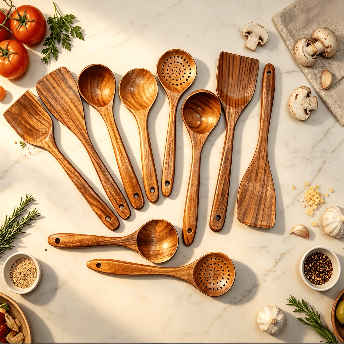 Wooden Kitchen Utensils Set 10 Piece - Non-Stick Safe Heat Resistant Cooking Tools with Spatula, Slotted Spoon & More, Stylish Wood Kitchen Gadgets for Cooking & Baking