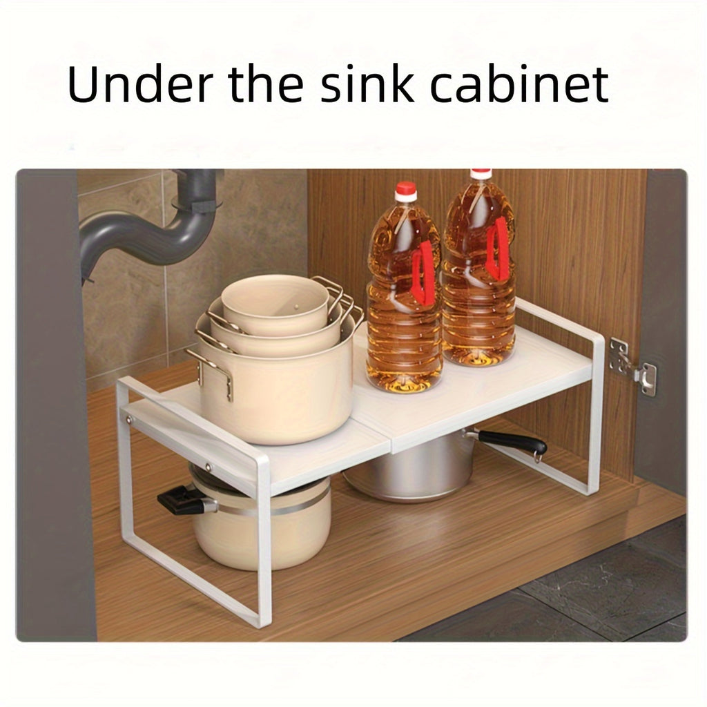 Expandable Cabinet Shelf Organizer Riser – Adjustable Height Kitchen Storage Rack for Pantry, Cupboard, Under Sink & Countertop | Heavy Duty Metal | Space Saver Stackable Shelf | Black & White