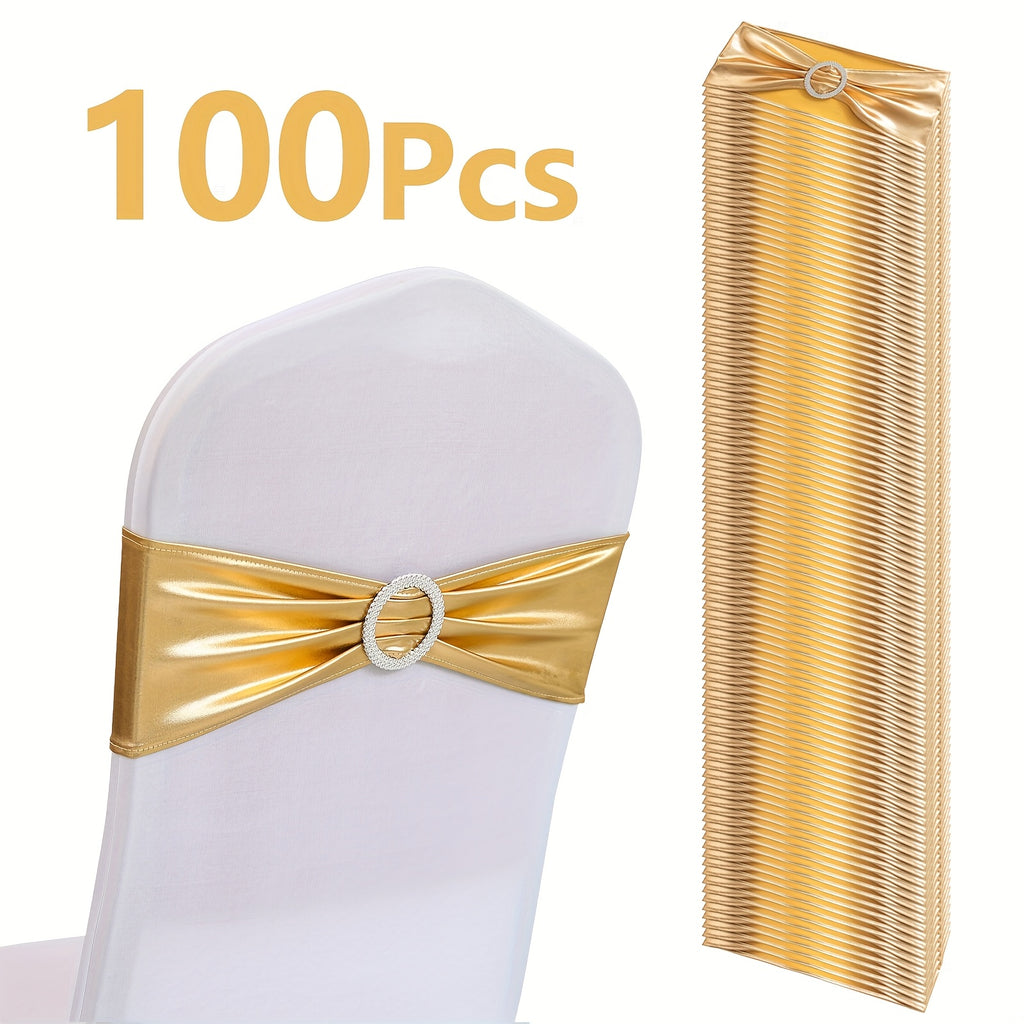 Metallic Spandex Chair Sashes Bow Bands 100pcs – Sparkle Lycra Stretch Chair Ties with Buckle for Wedding, Banquet & Party Decor | Gold, Silver, Rose Gold