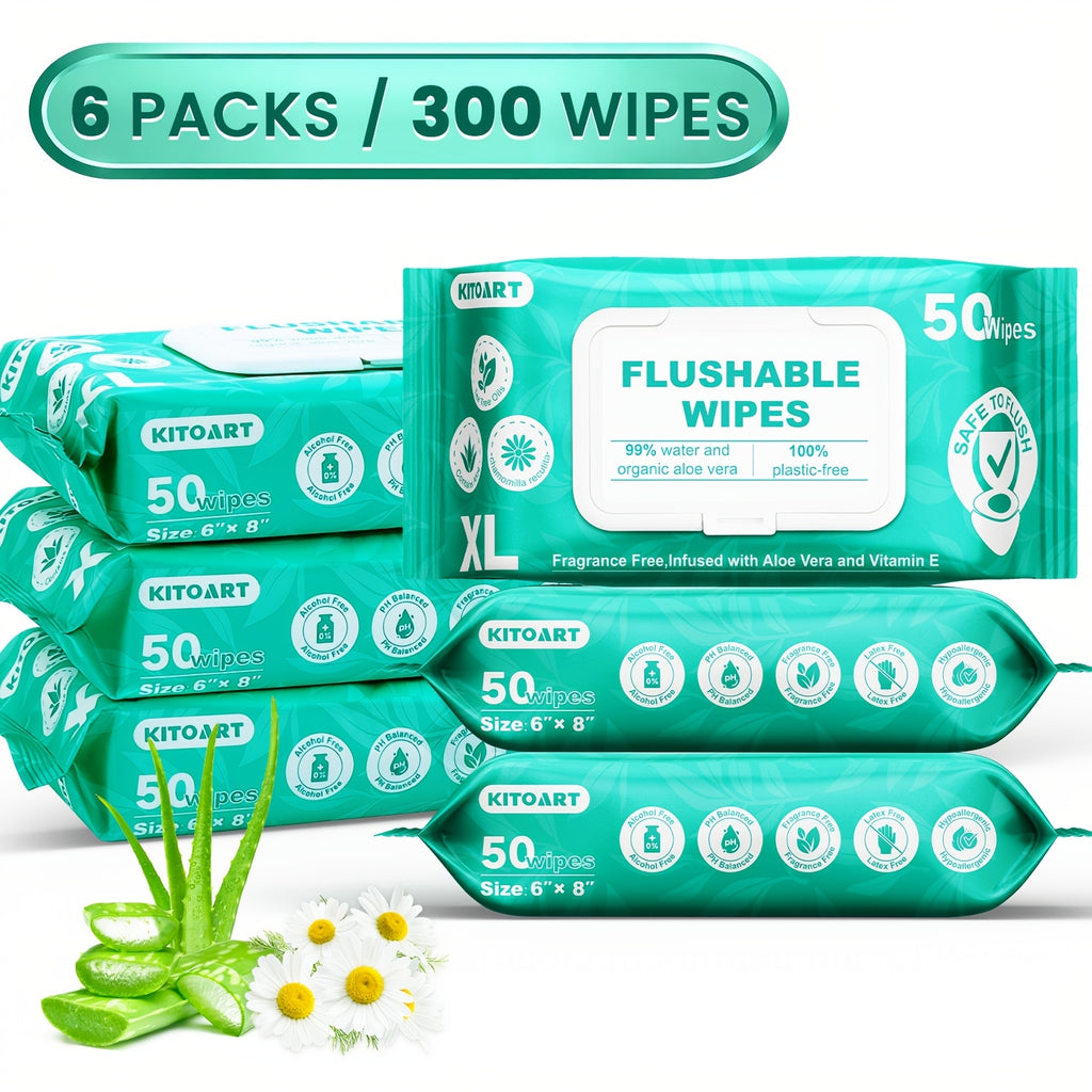 XL Flushable Adult Wet Wipes Unscented Alcohol-Free Septic and Sewer Safe Family Size 3-Pack 150 Wipes and 6-Pack 300 Wipes for Home Bathroom Travel Camping Outdoor Hygiene