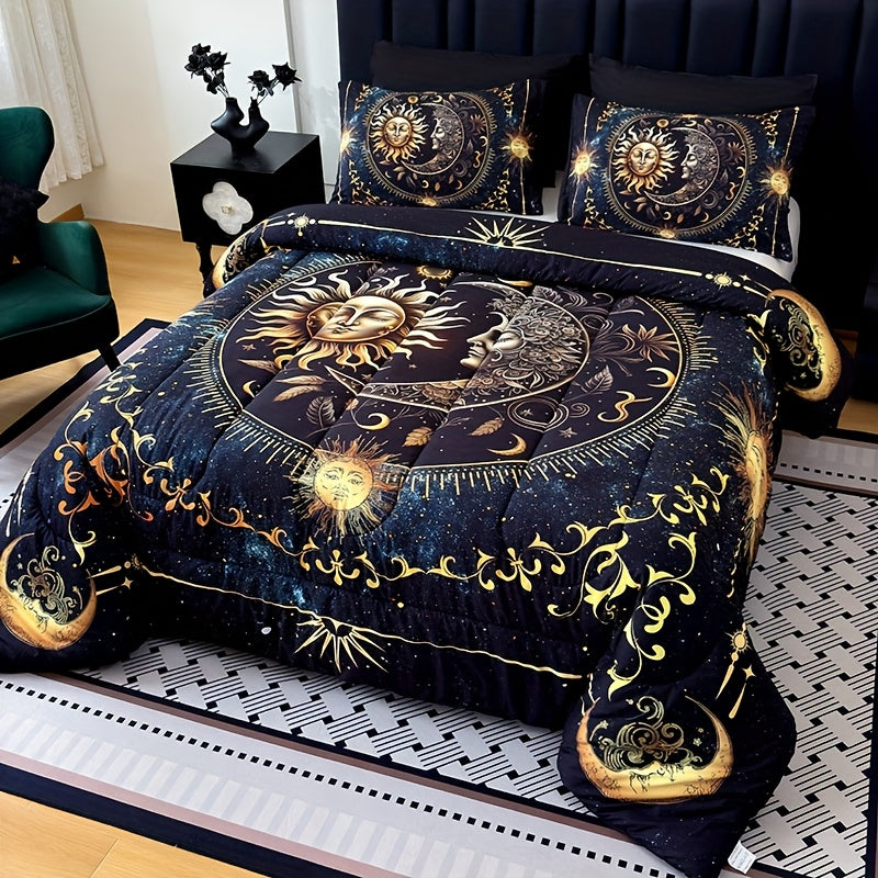 Sun Moon Planet Quilt Set 3 Piece – Golden Celestial Digital Print 180GSM Comforter with 2 Pillowcases, Soft Breathable Bedroom Dorm Decor Bedding King Size