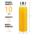 Glass Juice Bottles Bulk Set of 10 with Stainless Steel Lids – 18oz Clear BPA-Free Leak-Proof Reusable Glass Water Bottles for Juicing, Meal Prep & Storage