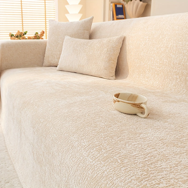 Chenille Sofa Cover with Tassels - Ultra Soft Thick Pet Friendly Couch Slipcover Solid Color 2 3 4 Seater Living Room Decor