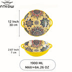 Bohemian Ceramic Salad Bowl 12 Inch with Dual Handles Large Capacity Microwave Safe Dishwasher Safe Oven Proof Porcelain Serving Bowl