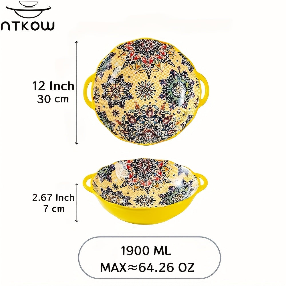 Bohemian Ceramic Salad Bowl 12 Inch with Dual Handles Large Capacity Microwave Safe Dishwasher Safe Oven Proof Porcelain Serving Bowl