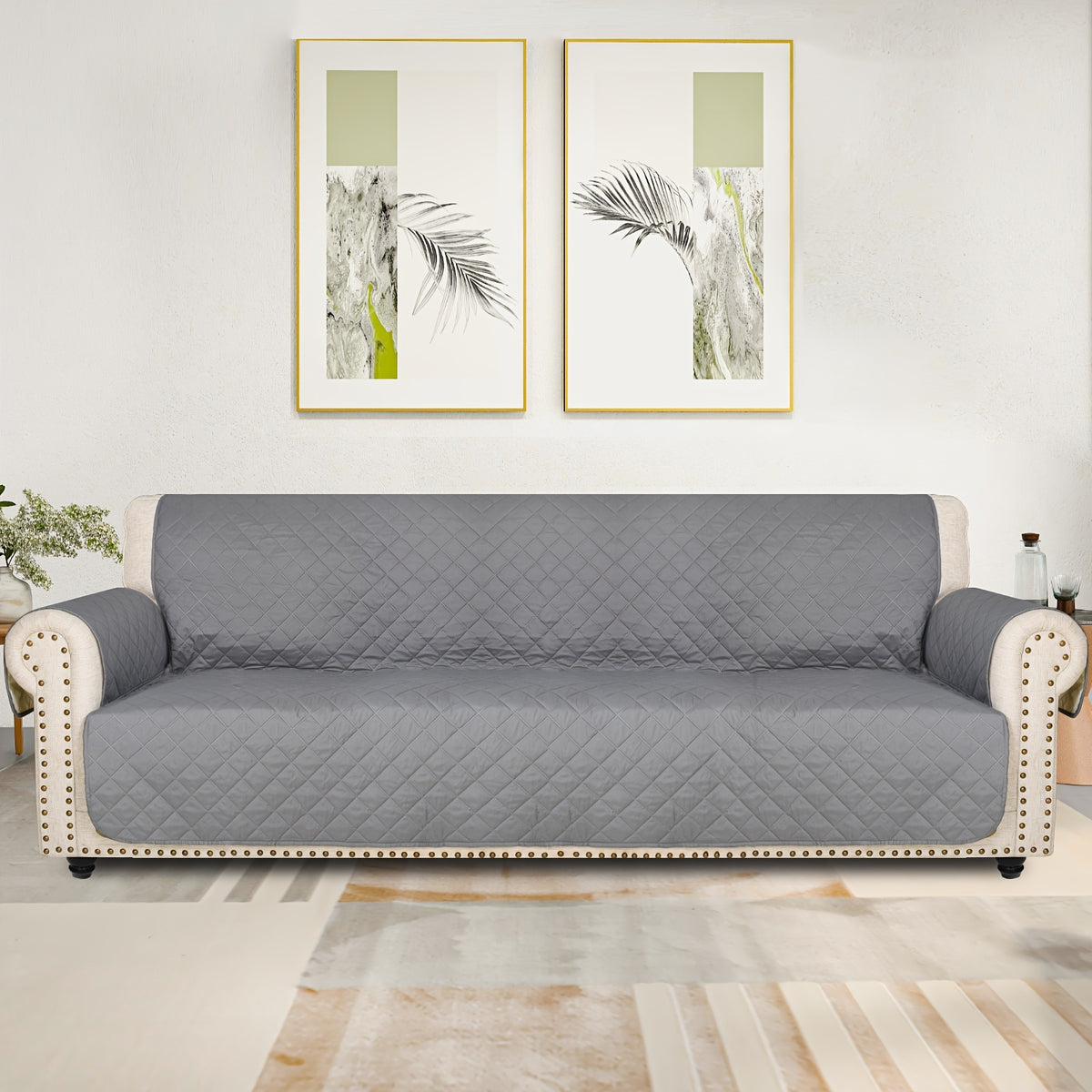 Universal Fit Sofa Slipcover Protector Washable 3 4 Seater, 5-Layer Quilted Pet-Friendly Couch Cover with Elastic Straps – Recliner & Loveseat Compatible, Non-Slip Furniture Protector for Living Room