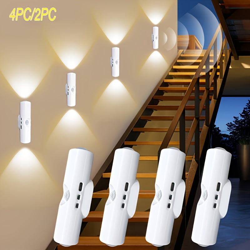 Motion Sensor LED Night Light Auto On Off Dimmable RGB 3 Color Temperatures USB Battery Powered for Bedroom Hallway Stairs 2 & 4 Pack