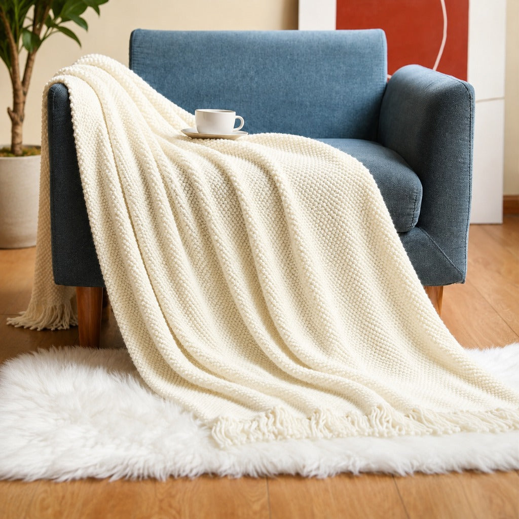 Acrylic Tassel Popcorn Texture Throw Blanket Soft Cozy for Sofa Bed Gift 8 Colors