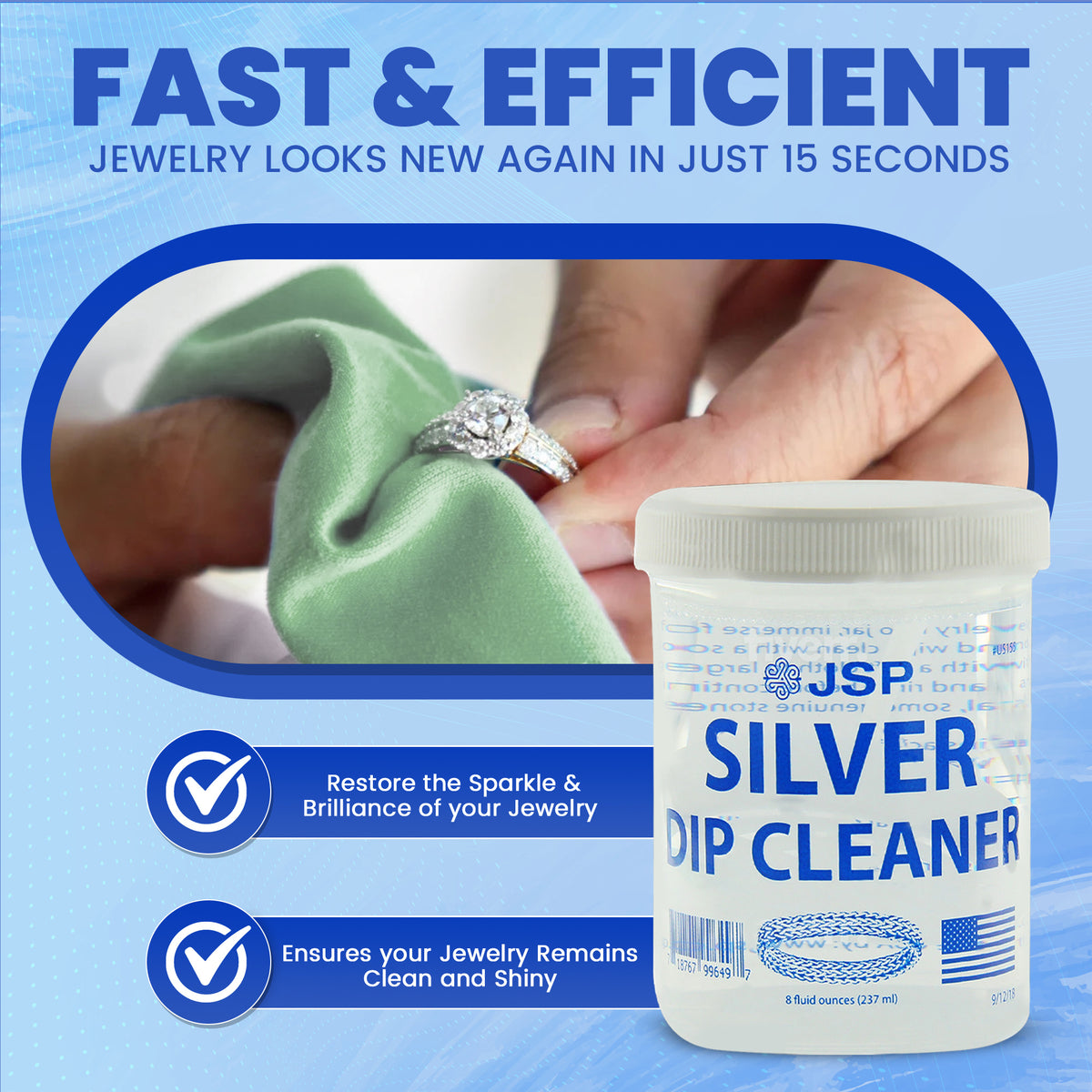 Silver Jewelry Dip Cleaner Solution 8oz – JSP Silver Dip Liquid Cleaner for Rings Bracelets Necklaces Flatware