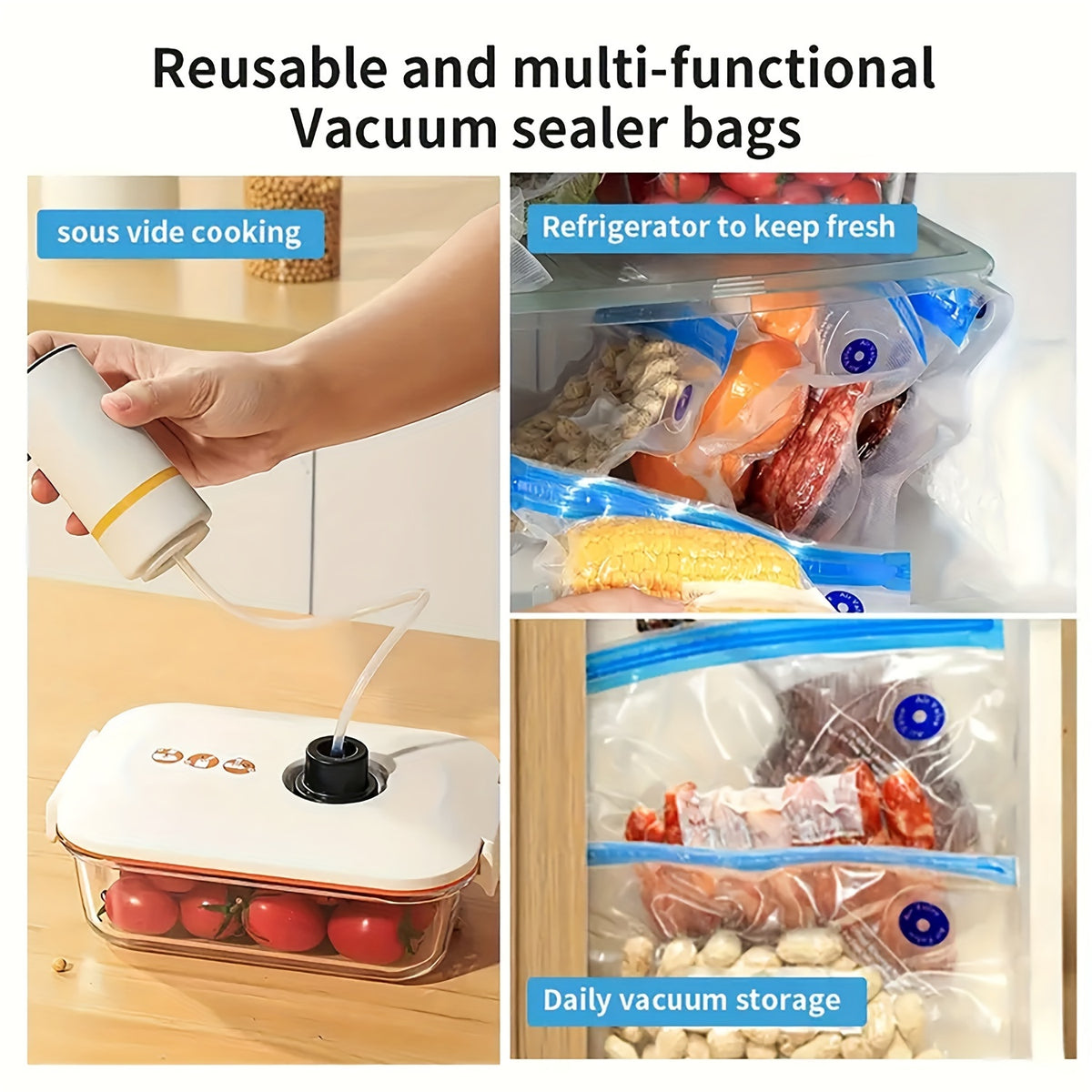 Portable USB Rechargeable Vacuum Sealer Kit with 9 Reusable Bags | Mini Electric Vacuum Pump for Food Storage, Meal Prep & Sous Vide | 3 Bag Sizes Included