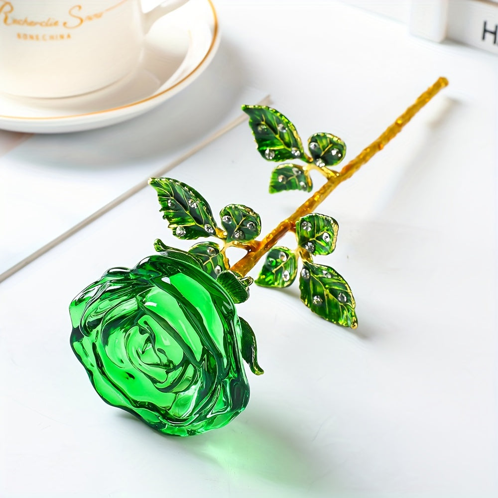 Crystal Rose Decorative Accent Flower Sculpture, Single Stem Glass Rose Home Decor Ornament, Indoor Outdoor Room Decoration, Valentine's Day Christmas Birthday Gift for Her Him – 4 Colors