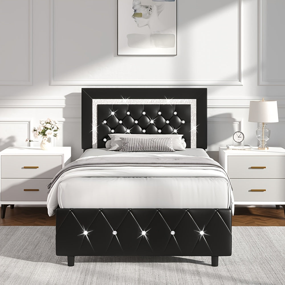 Upholstered Bed Frame with Diamond Tufted Headboard & Footboard – Faux Leather, Wooden Slats, No Box Spring Needed | Twin Full Queen King