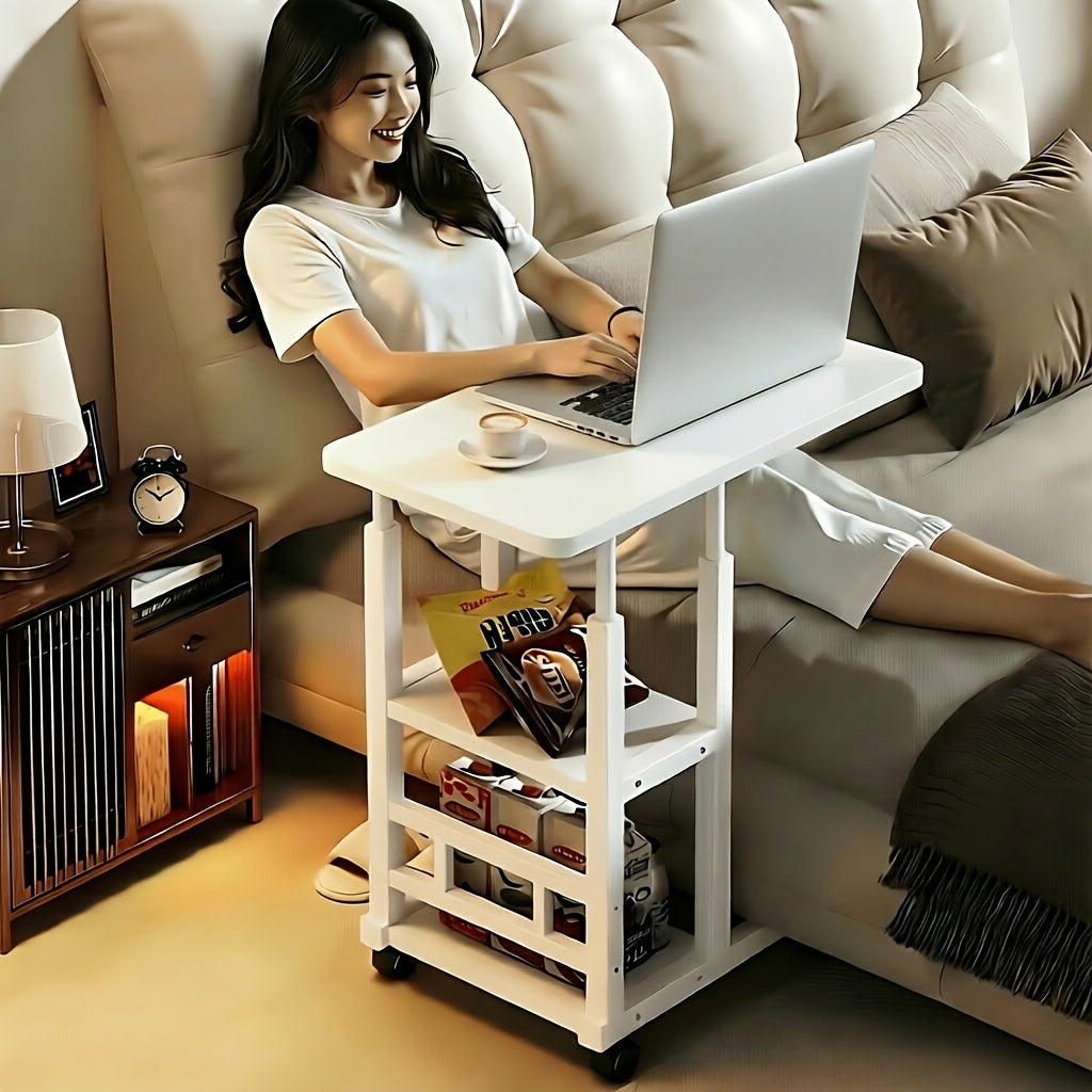 Rolling Over-Bed Table with 2-Layer Storage Rack | Mobile Bedside & Sofa Laptop Table, Solid Metal Frame, Smooth Wheels, Space-Saving Design – Multiple Colors