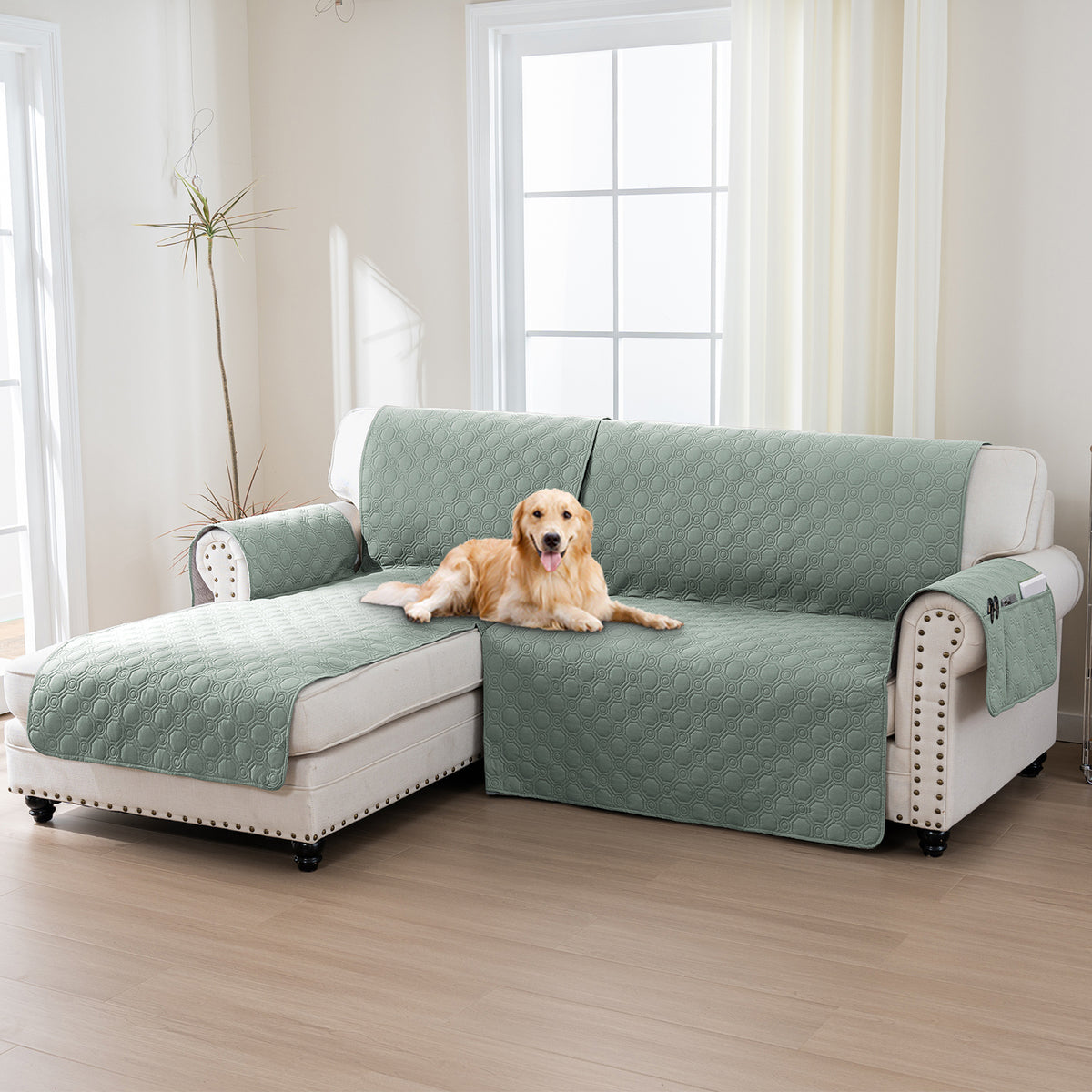 L-Shaped Sectional Sofa Cover 100% Liquid-Resistant Couch Slipcover with Non-Slip Straps for Dogs Cats Pets Left Right Chaise