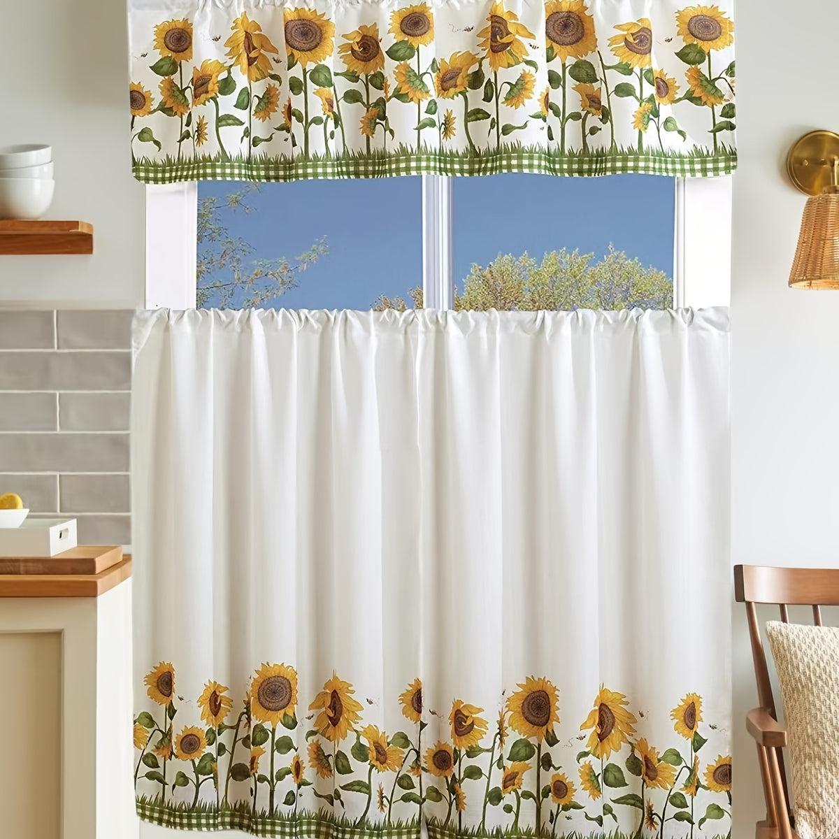 3-Piece Kitchen Curtain Valance & Tiers Set – Semi-Sheer Polyester, Rod Pocket, Machine Washable | Chef, Sunflower & Star Designs | Kitchen, Bedroom & Bathroom | Nuvia Haven
