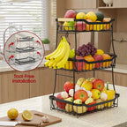 Tiered Metal Fruit Basket with Banana Hook & Wooden Handle – 2 & 3 Tier Countertop Produce Organizer for Kitchen | Removable Tiers | Bread, Vegetable & Fruit Storage