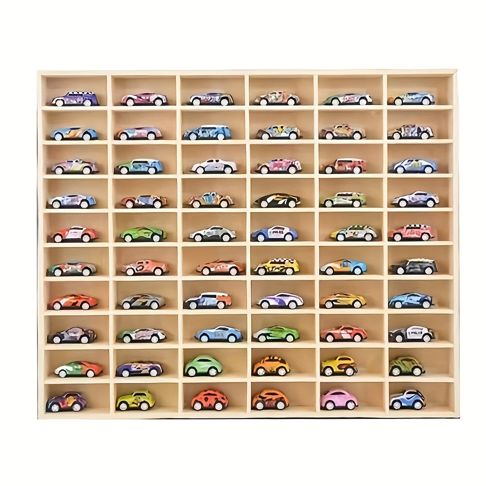 Diecast Car Display Case 1:64 - Solid Wood 60-Grid Collectible Storage Box & Display Cabinet with Hooks, Lidless Design for Home, Office & Shop