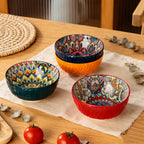 Bohemian Ceramic Salad Bowl Set of 4 with Wavy Edges 6.5" – Microwave Safe Vintage Floral Bowls for Pasta, Soup, Oatmeal & Cereal – Gift-Ready Dinnerware