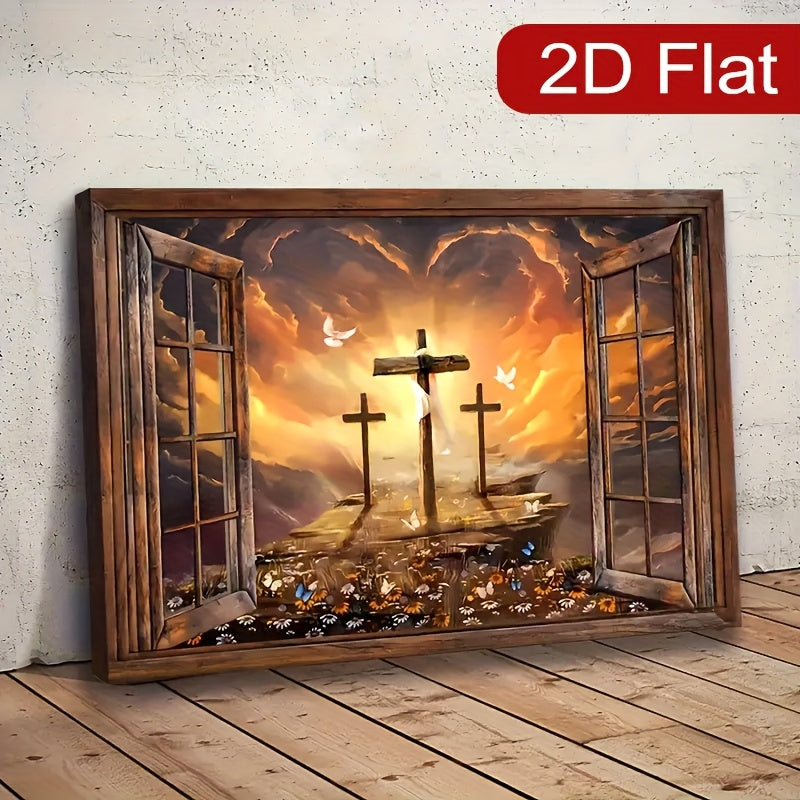Framed Canvas Wall Art - Sunset Three Crosses Christ Landscape Window Scene, Religious Home Decor for Living Room & Bedroom, Faith-Inspired Wall Decor Gift