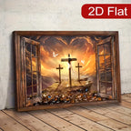 Framed Canvas Wall Art - Sunset Three Crosses Christ Landscape Window Scene, Religious Home Decor for Living Room & Bedroom, Faith-Inspired Wall Decor Gift