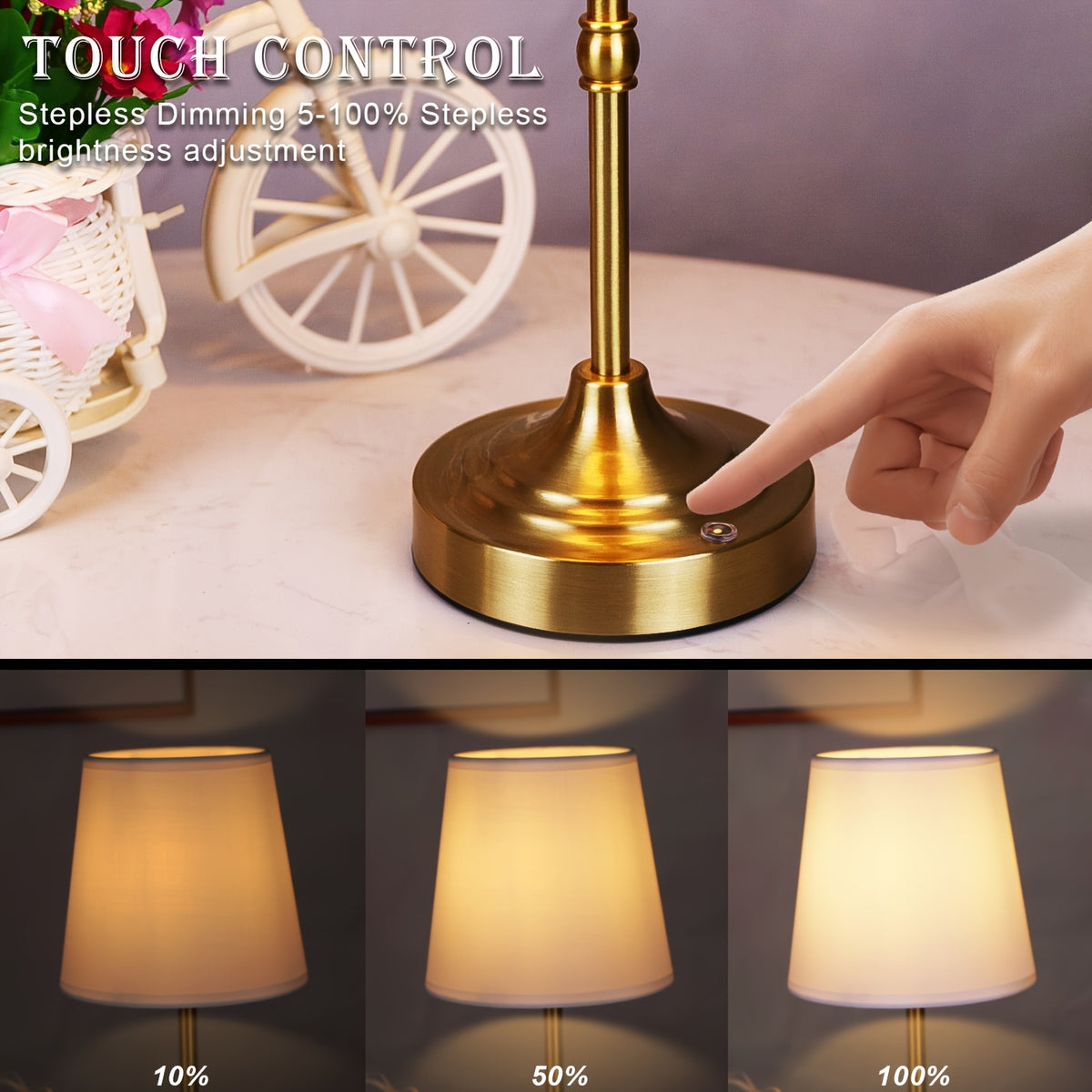 Cordless Rechargeable Table Lamp – Battery Powered Stepless Dimmable Touch Lamp for Bedroom, Dining Room, Kitchen & Office Decor